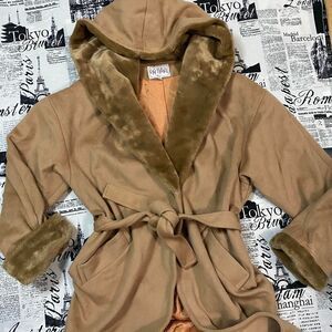 Gigi Parole Paris Women's Brown longline wool coat jacket vintage 80s faux fur